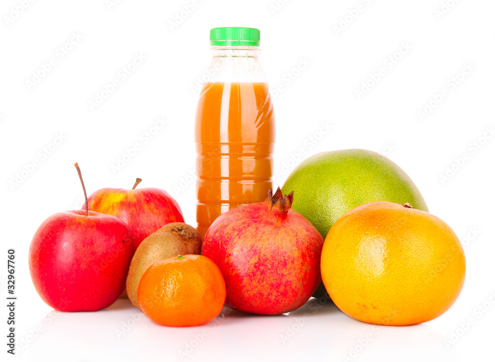 bottle of juice with ripe fruits on white background bottle of juice with ripe fruits on white background