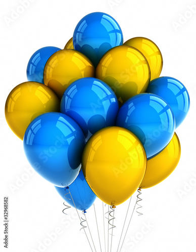 Yellow and blue party ballooons over white background photo