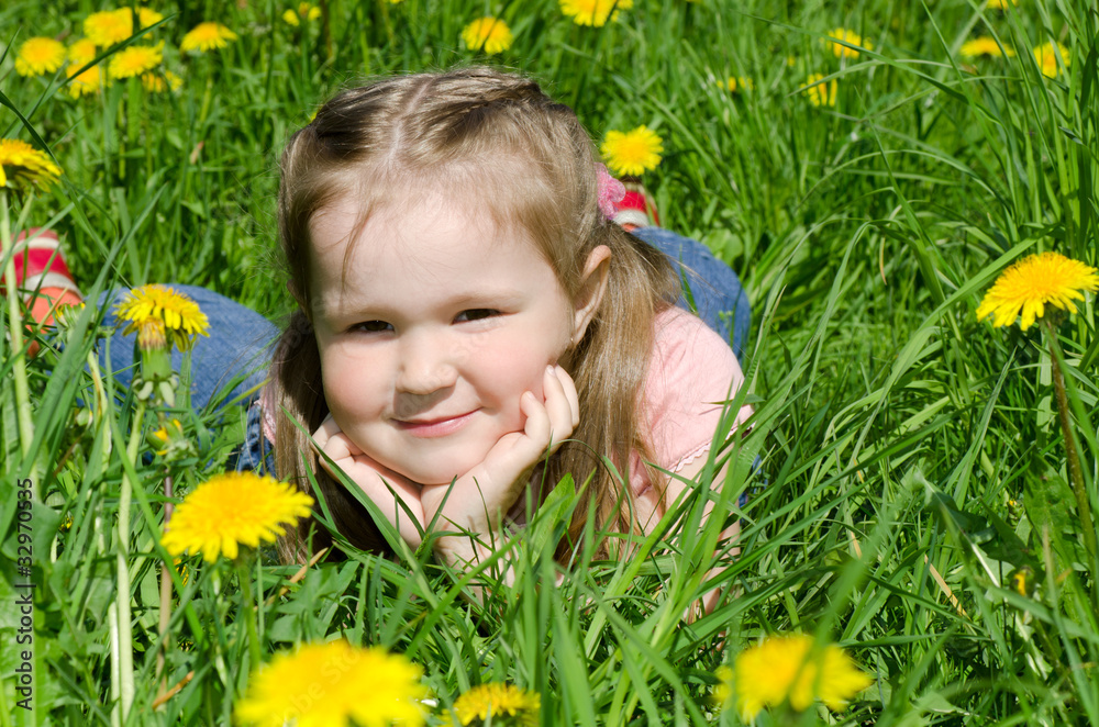 The little beautiful girl collects dandelions The little beautiful girl collects dandelions