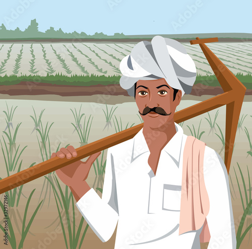 Front view of a farmer holding plow