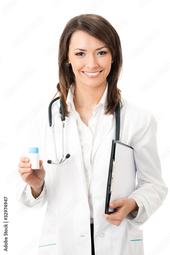 Happy smiling female doctor with medical drug, isolated