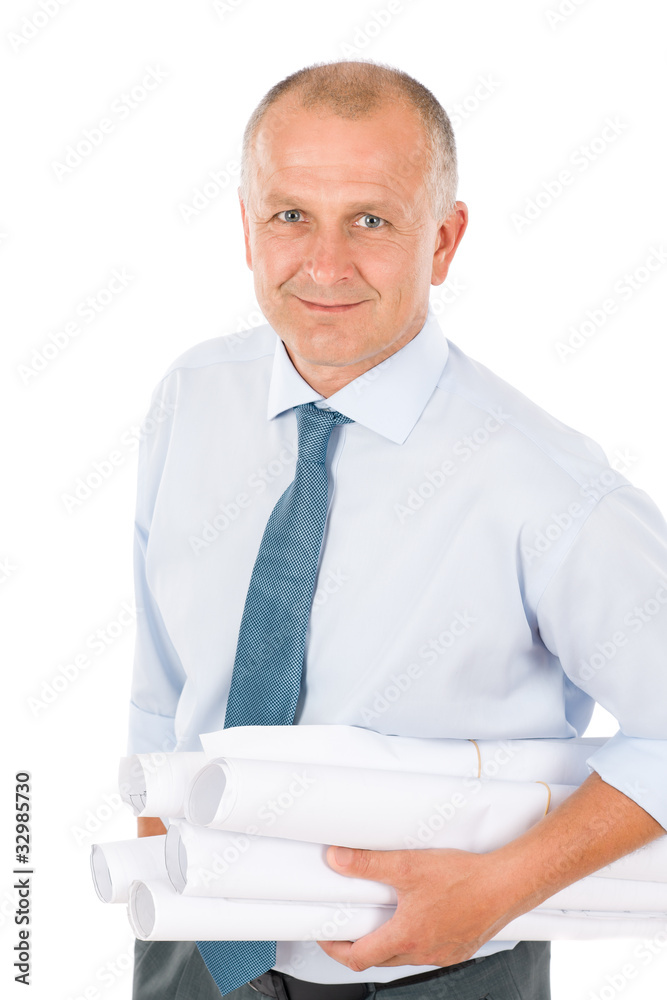 Senior professional architect male hold blueprints Senior professional architect male hold blueprints