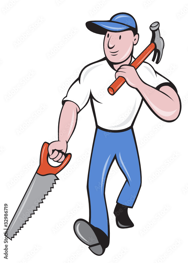 carpenter tradesman worker with hammer and saw carpenter tradesman worker with hammer and saw