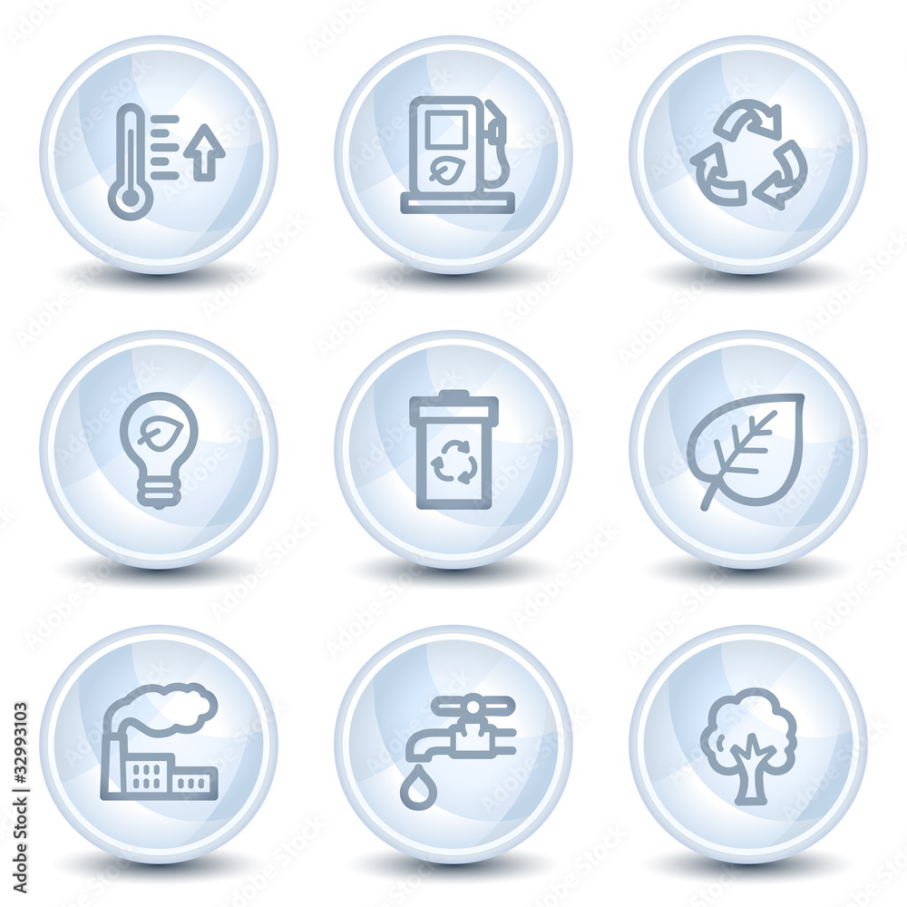 Ecology web icons set 1, light blue glossy circle buttons