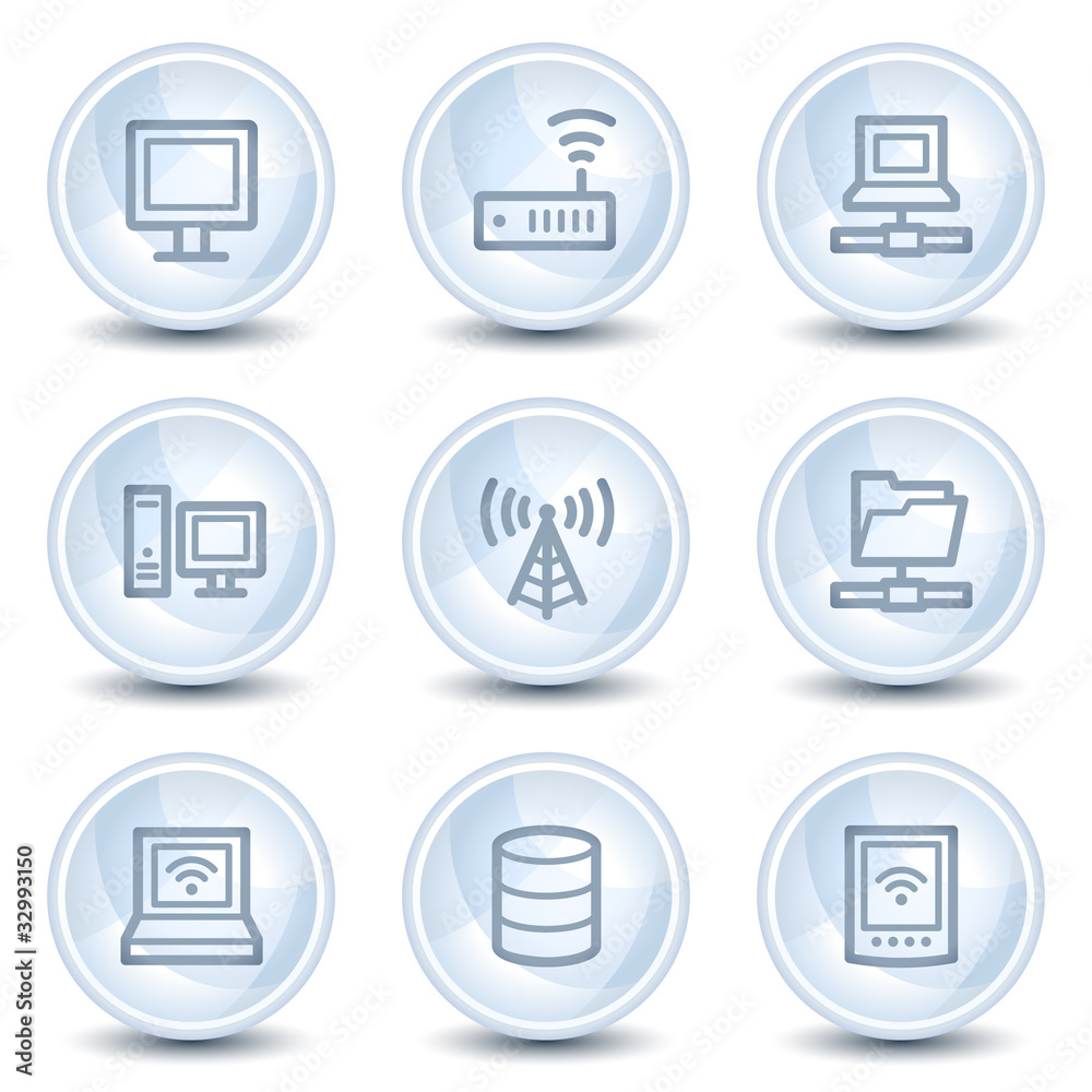 Network web icons, light blue glossy circle buttons Network web icons, light blue glossy circle buttons