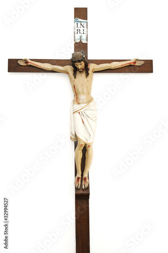 Crucified Jesus Christ on wooden cross, isolated