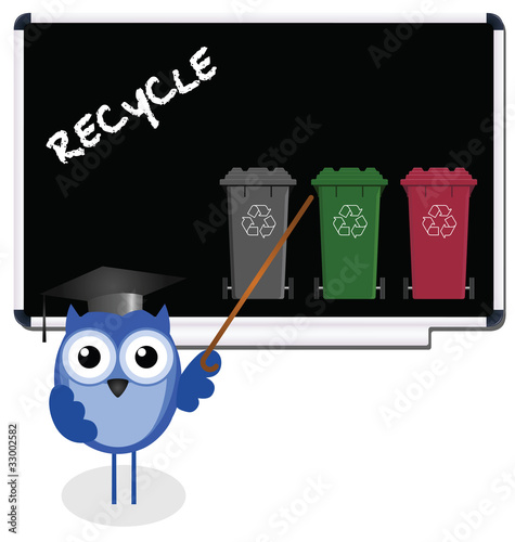 Owl teacher with recycling message on blackboard