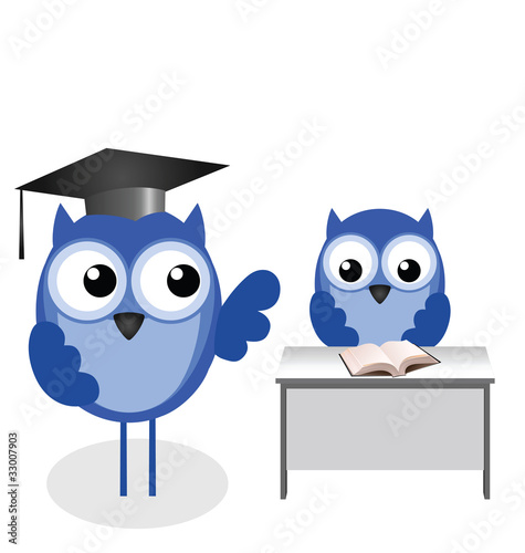 Owl teacher and pupil with copy space