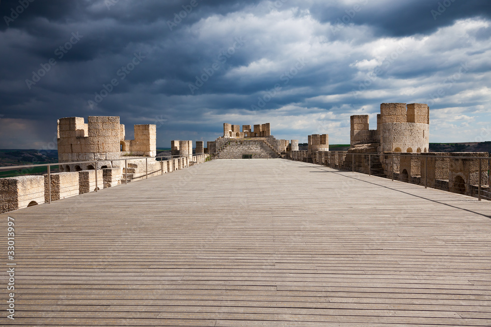 Peñafiel castle: main terrace against a stormy sky. Spain
