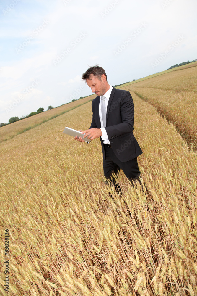 Businessman with electronic tablet standing in wheat field