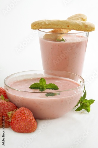 kefir with strawberries cocktail,mint and sponge-cakes