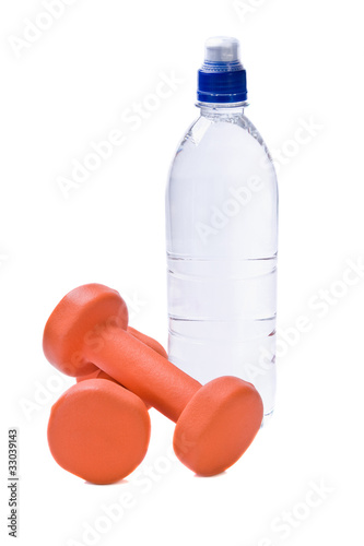 Bottle of water with fitness weights