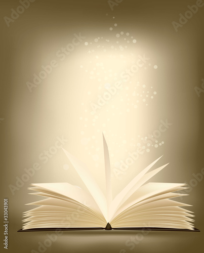 Opened magic book with magic light. vector illustration.
