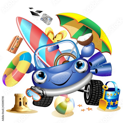 Auto Cartoon Vacanze e Viaggi-Cartoon Car Beach Holidays-Vector