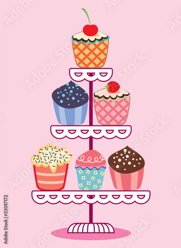 vector set of fruit and chocolate cupcakes on a stand
