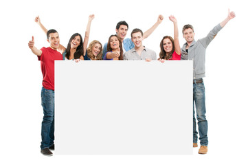 Happy people with white board