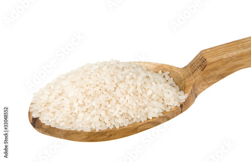 raw rice seed in wooden spoon isolated on white