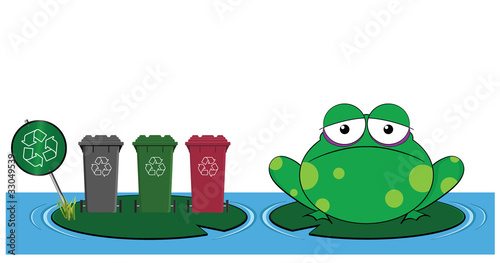 Frog sat on a Lilly pad with recycling message