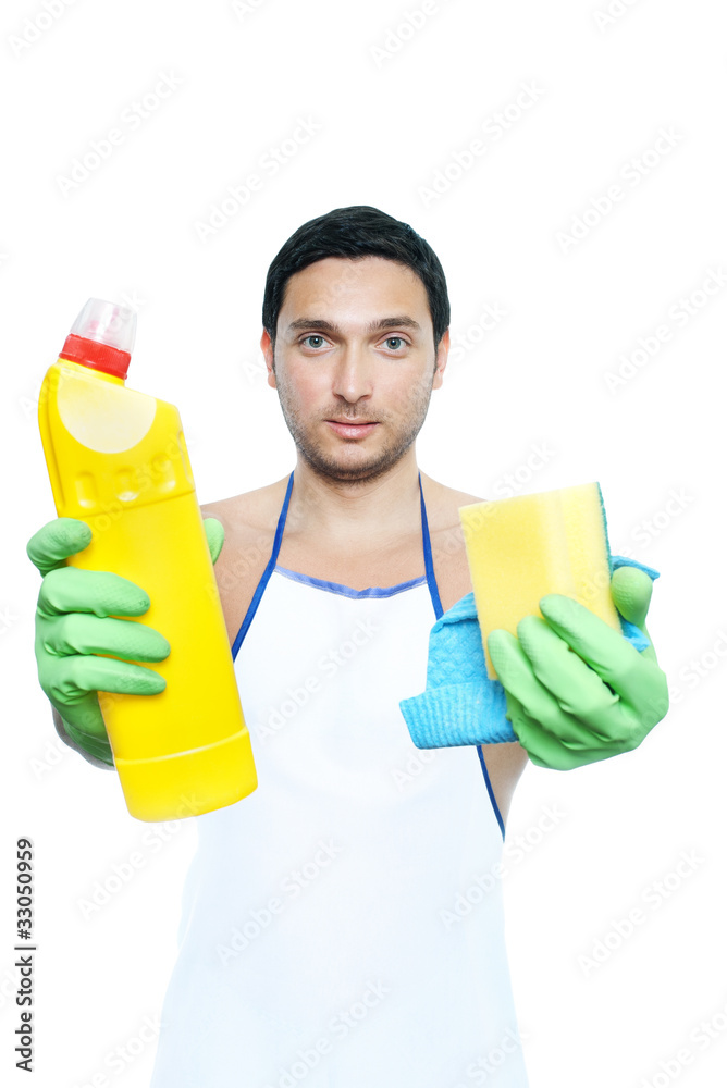man in apron holding cleaning sponge and bottle on white man in apron holding cleaning sponge and bottle on white