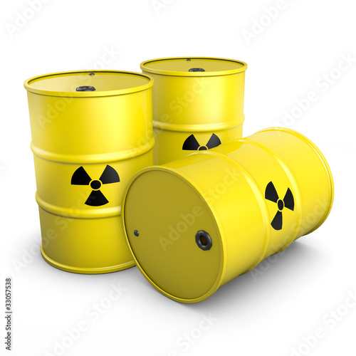 three barrels with radioactive warning symbol