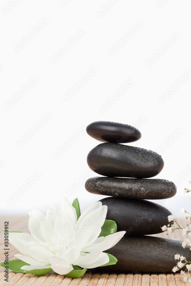 White lotus blossom with a black stoness stack a small white flo White lotus blossom with a black stoness stack a small white flo