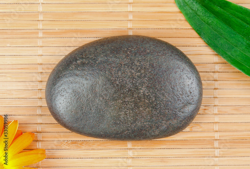 A round smouth pebble surrounded by a leaf and a sunflover
