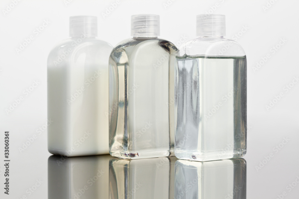 Close up of glass phials on a mirror