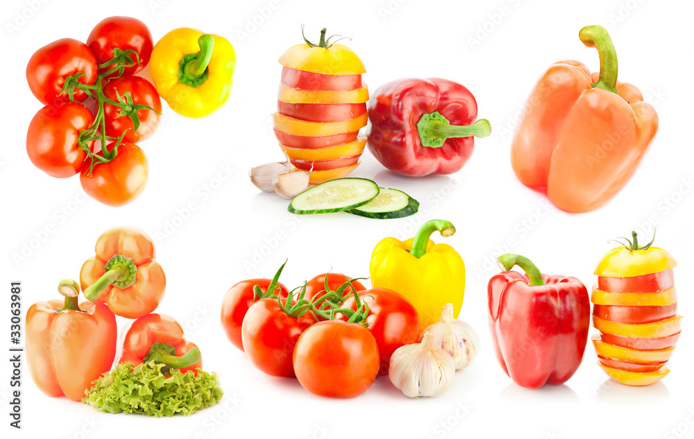 Pepper and tomato collection on white background Pepper and tomato collection on white background