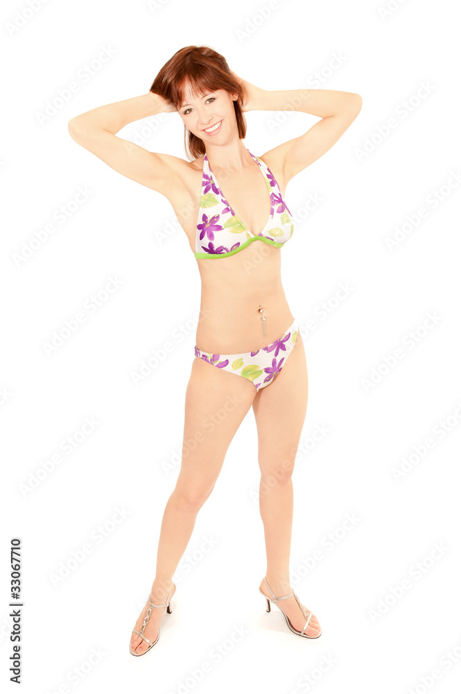 Schöne Frau in buntem Bikini, Ganzkörperportrait Schöne Frau in buntem Bikini, Ganzkörperportrait