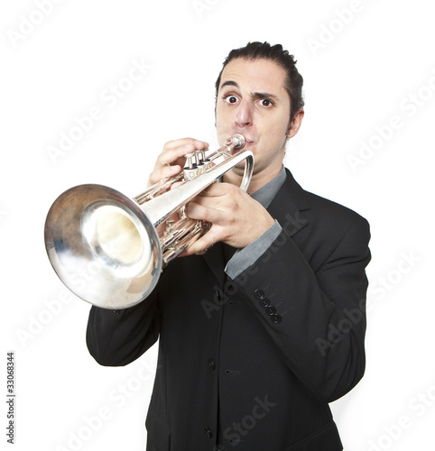 Canvas Print stylish jazz man playing the trumpet on white background