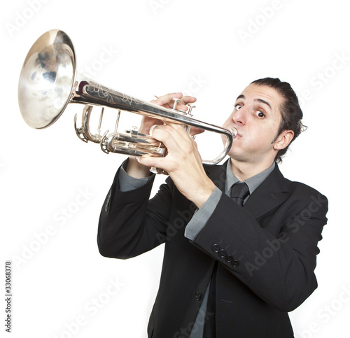 Canvas Print stylish jazz man playing the trumpet on white background