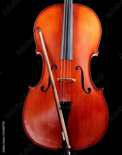 Cello with bow, isolated on black