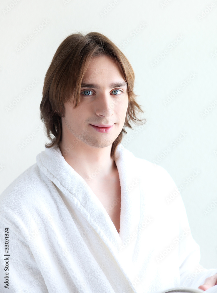 portrait of a young man in bath robe portrait of a young man in bath robe