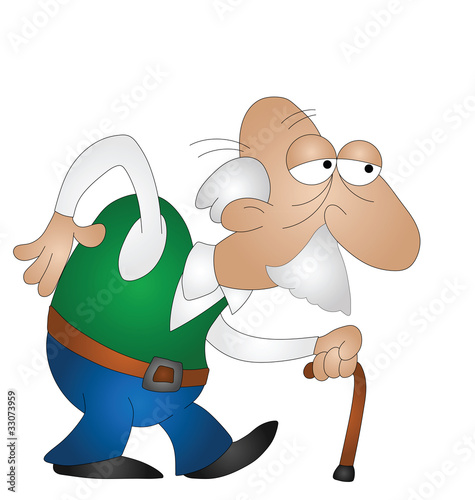 Old man with walking stick isolated on white background