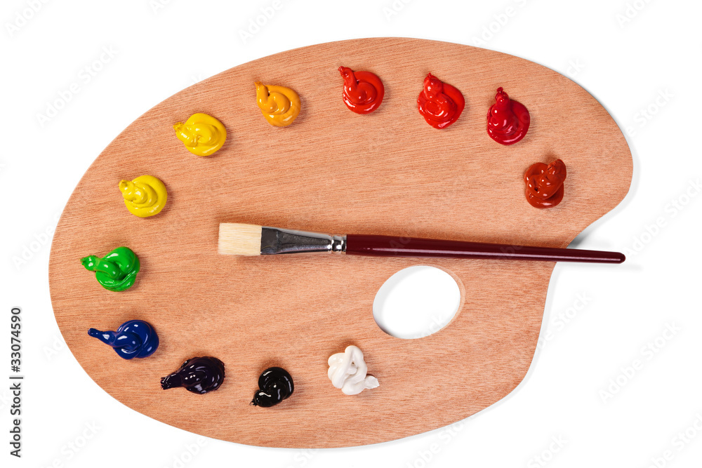 Fototapeta premium Paint palette and brush isolated on white