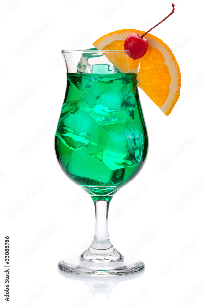 Green cocktail with orange and maraschino Green cocktail with orange and maraschino