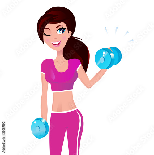 Beautiful brunette fit woman exercising with weights
