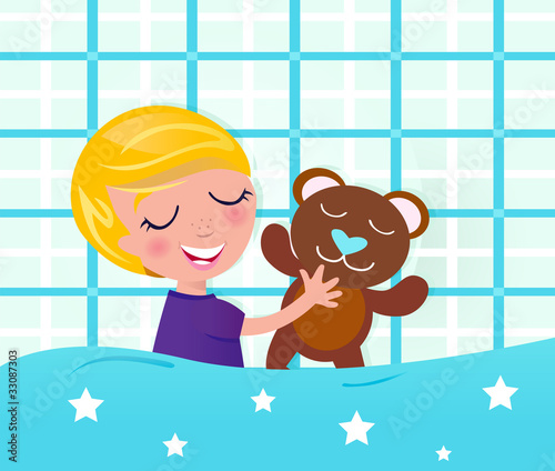 Cute sleeping and dreaming boy with teddy bear. VECTOR