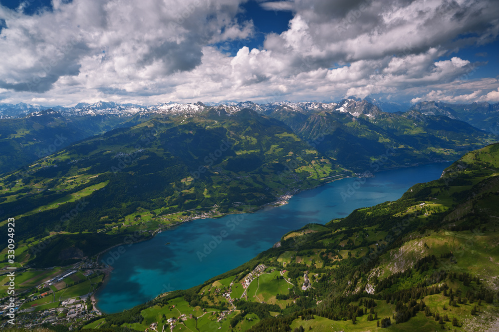 Alpine landscape with turquoise lake. Switzerland, Walensee