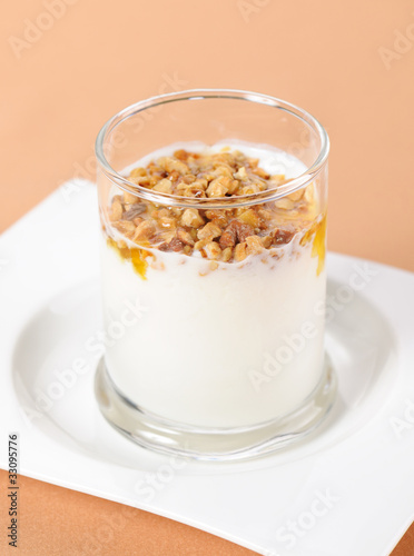 Dairy yogurt with the nuts in the glass