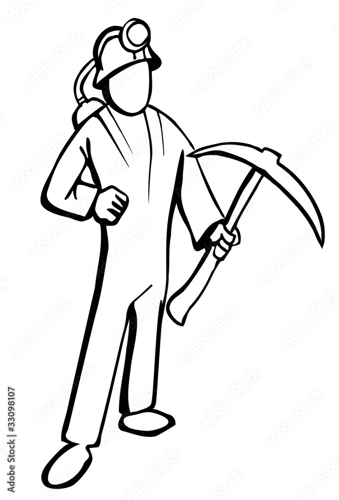 Simplified miner illustration in black and white Simplified miner illustration in black and white