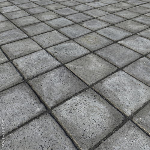 HD 3d render of square pavement tiles in gray stone concrete
