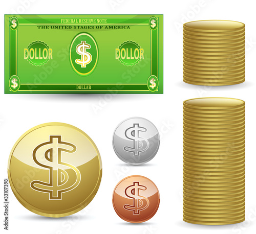 set of fake gold silver bronze coins and bill