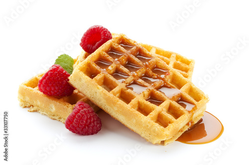 waffles with raspberries and caramel sauce