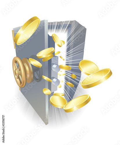 Safe with gold coins flying out