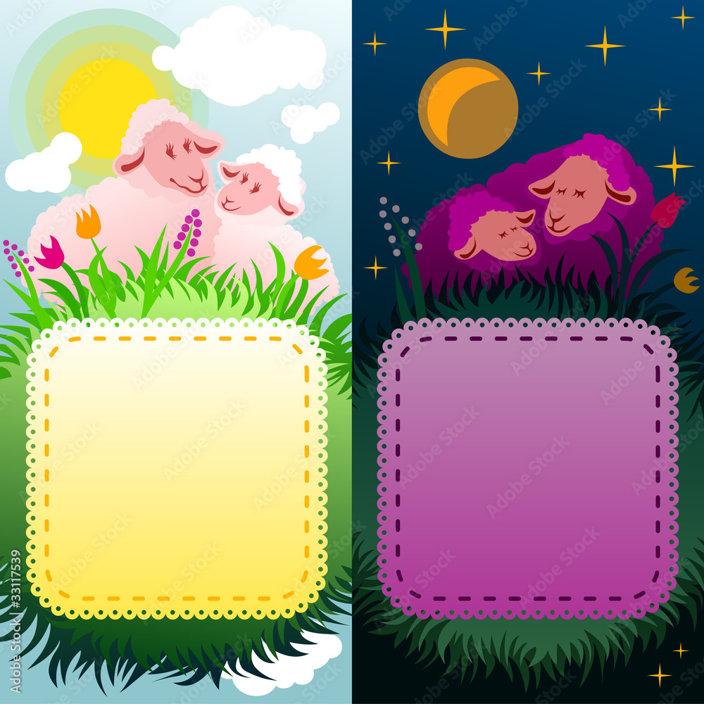 day and night sheep background with lacy label day and night sheep background with lacy label