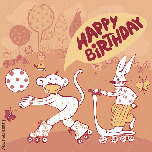 birthday card with monkey, ball and rabbit
