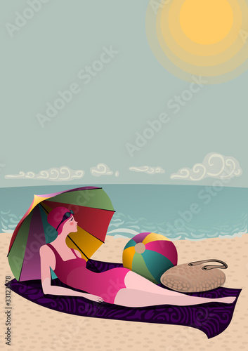 young woman resting under a beach umbrella