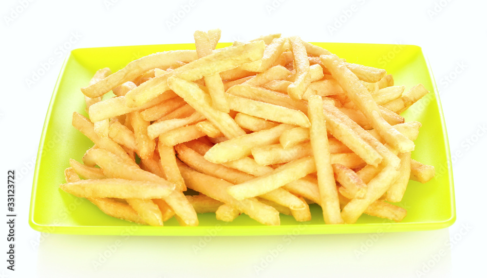 French fries in the pan isolated on white