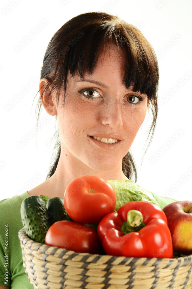 Young woman holding dish with vegetables on white background Young woman holding dish with vegetables on white background